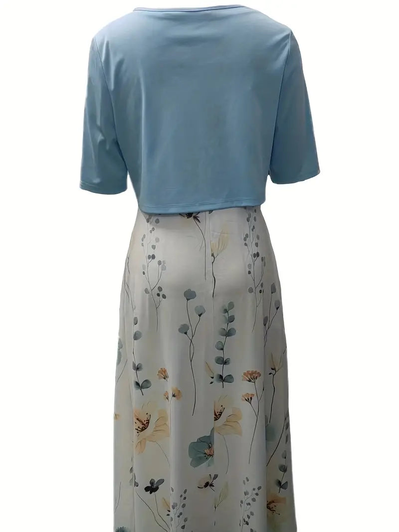 Chic Floral Two-Piece Dress Set with Solid Crop Top and Round Neck