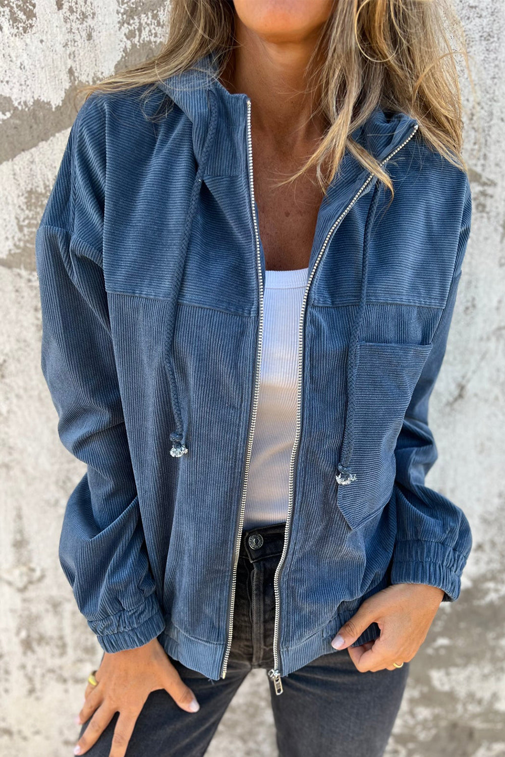 Teal Zippered Hooded Jacket with Adjustable Drawstring