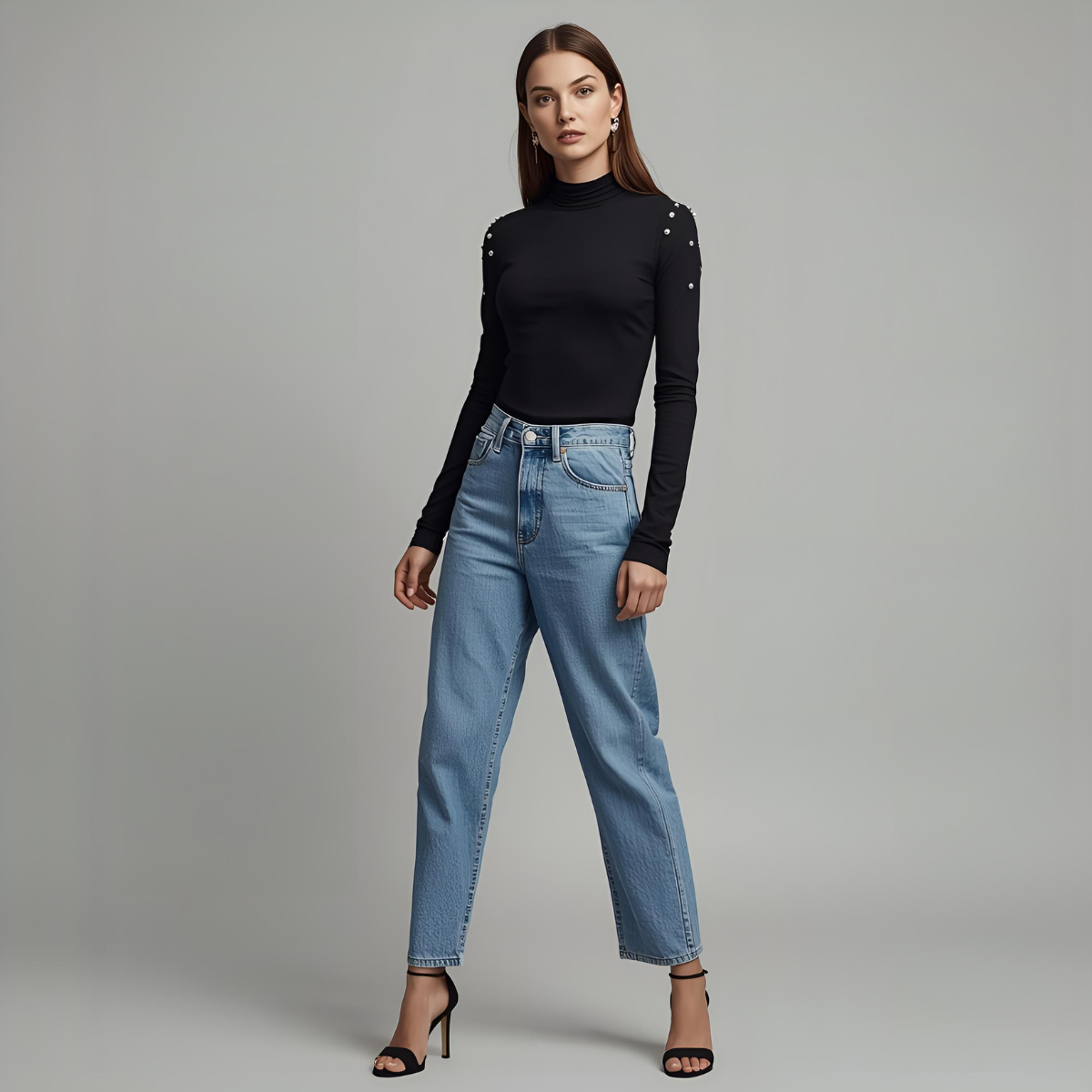 NOIRELLE | Elegant Black Turtleneck Long Sleeve Top with Pearl Details