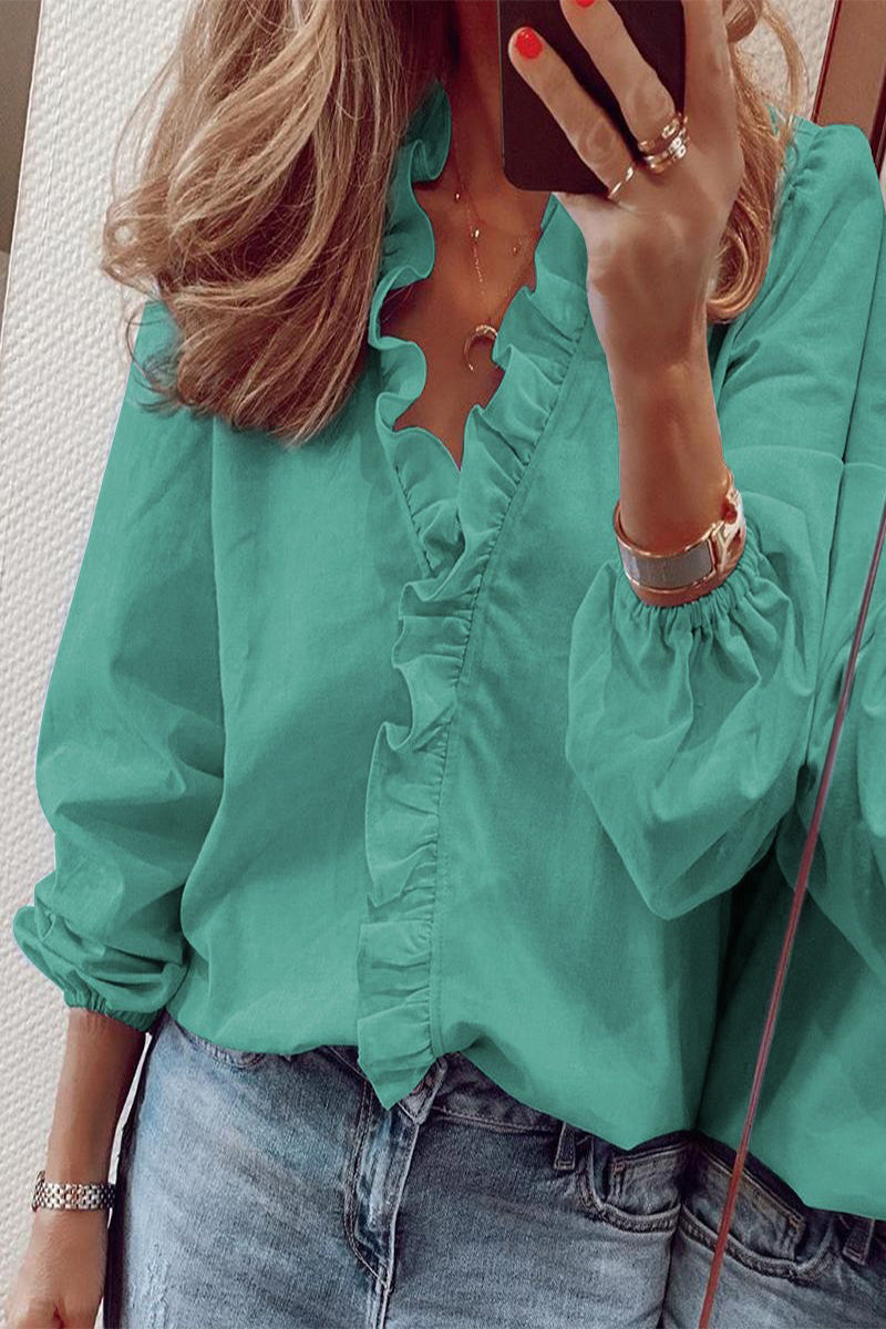 V-Neck Blouse with Ruffled Long Sleeves