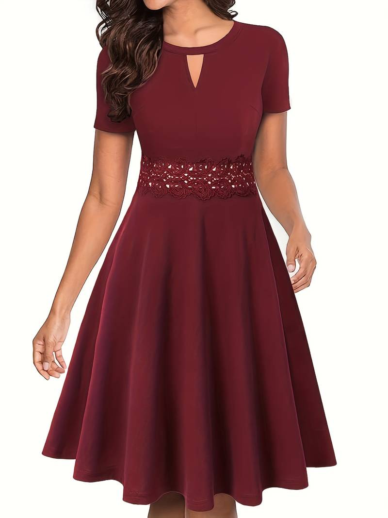 Lace-Trimmed Blue Dress with Fitted Waist