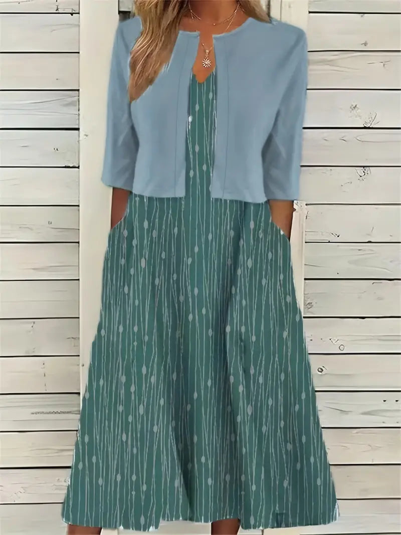 Chic Floral Two-Piece Dress Set with Solid Crop Top and Round Neck