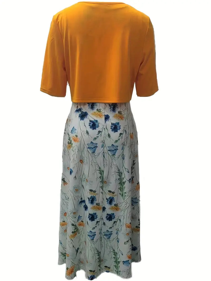 Chic Floral Two-Piece Dress Set with Solid Crop Top and Round Neck