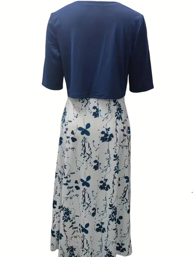 Chic Floral Two-Piece Dress Set with Solid Crop Top and Round Neck