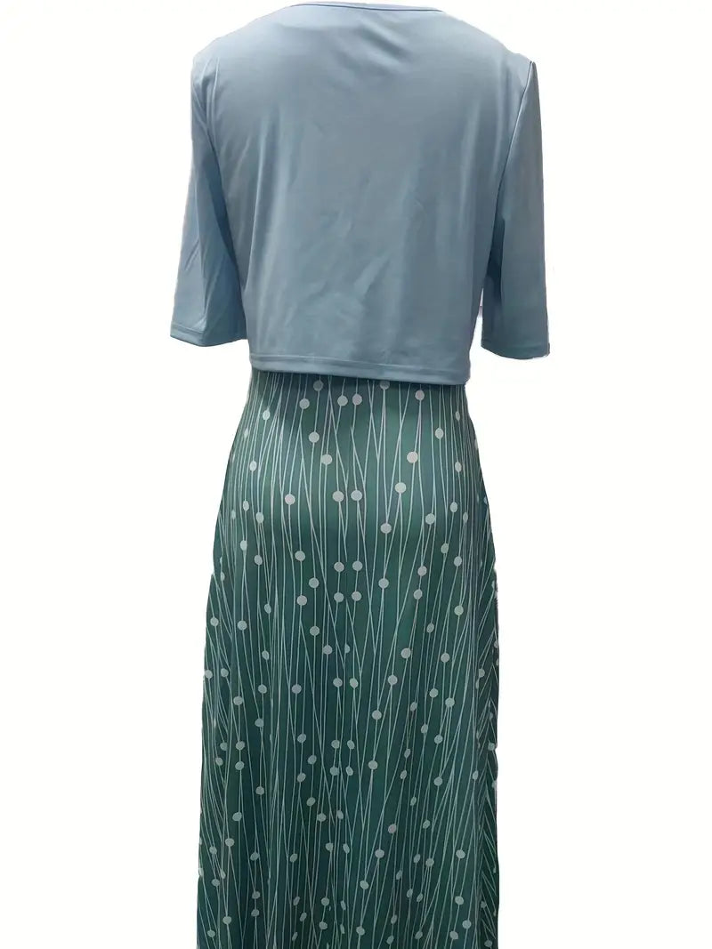 Chic Floral Two-Piece Dress Set with Solid Crop Top and Round Neck