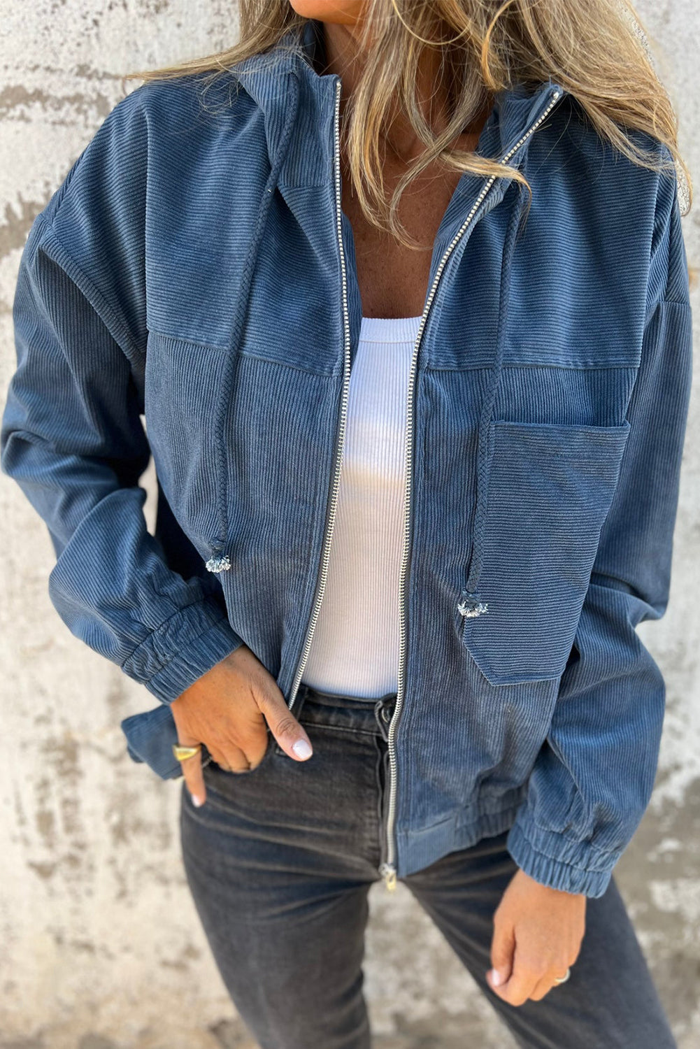 Teal Zippered Hooded Jacket with Adjustable Drawstring