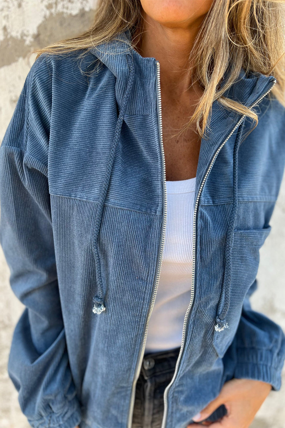 Teal Zippered Hooded Jacket with Adjustable Drawstring