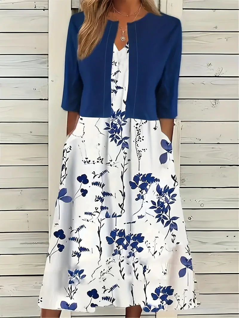 Chic Floral Two-Piece Dress Set with Solid Crop Top and Round Neck