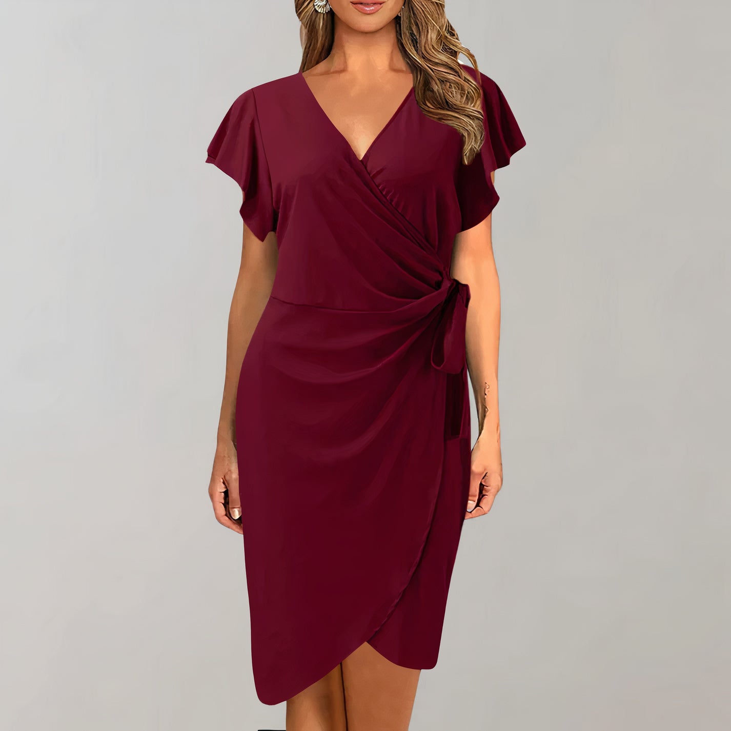 Chic V-Neck Wrap Dress with Waist Tie for Women - Ideal for Summer