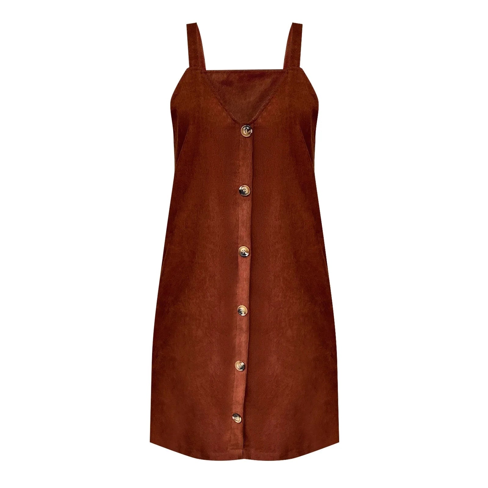 V-Neck Corduroy Dress with Strap Details and Button Accents