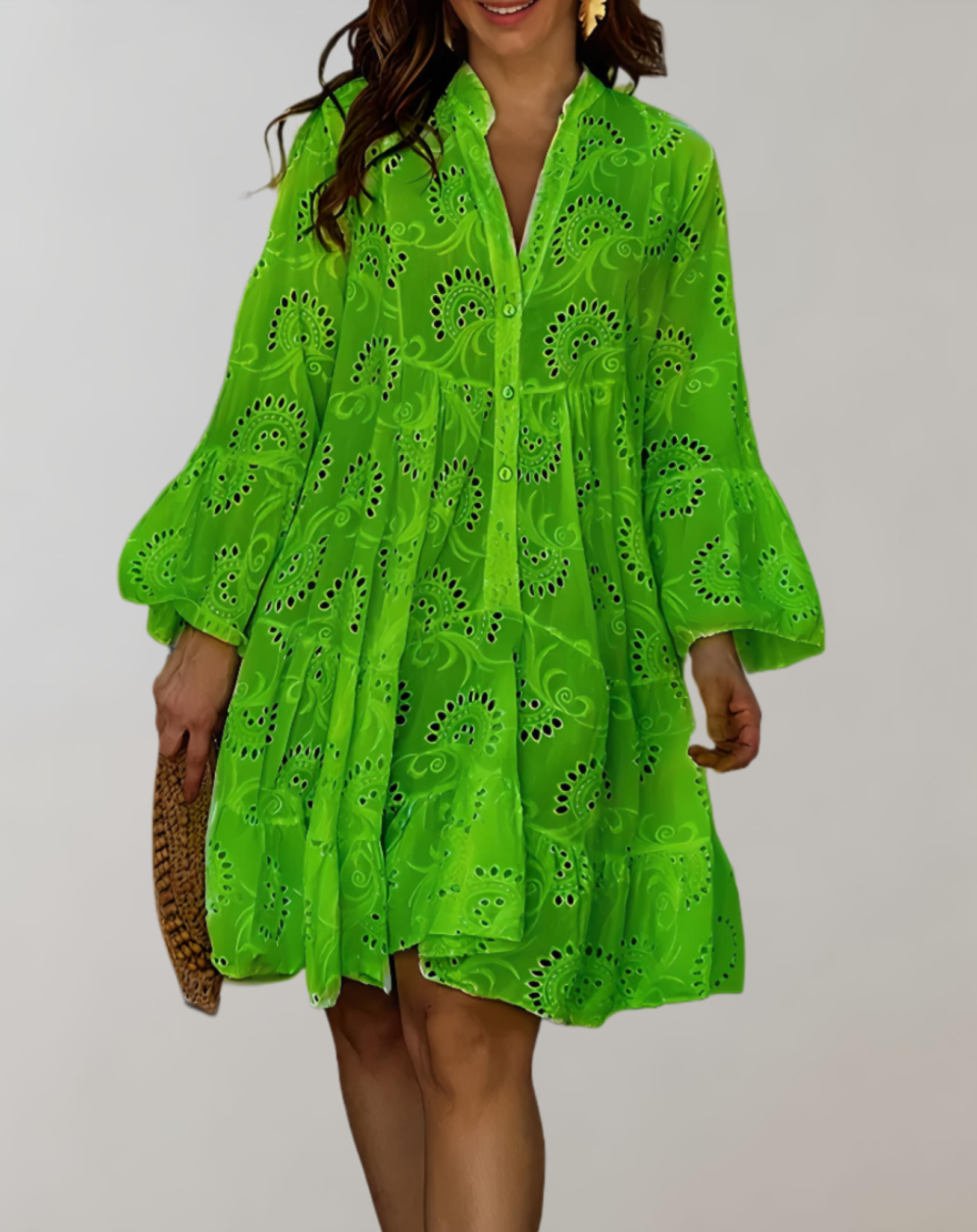 Stylish V-Neck Embroidered Dress with Bell Sleeves for Maximum Comfort