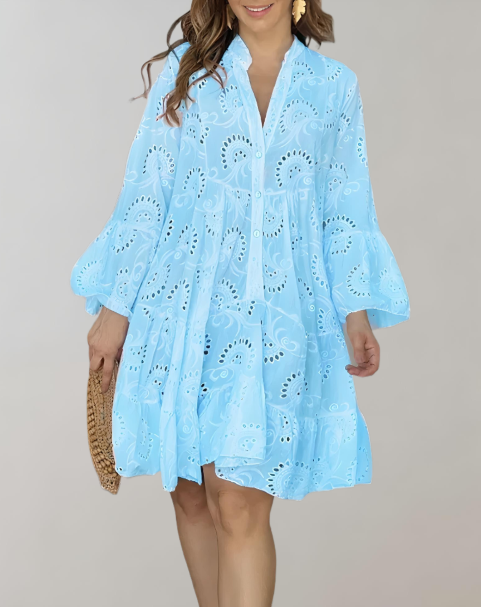 Stylish V-Neck Embroidered Dress with Bell Sleeves for Maximum Comfort