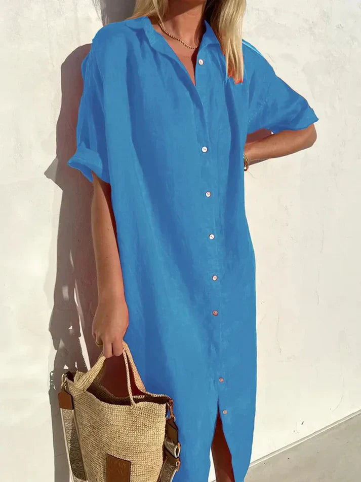 Chic Casual Women's Dress with Wide Sleeves and Button Details, Crafted from Cotton and Linen