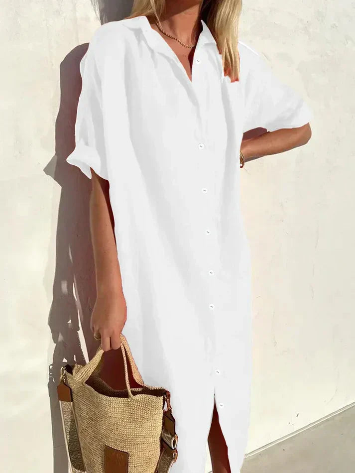 Chic Casual Women's Dress with Wide Sleeves and Button Details, Crafted from Cotton and Linen