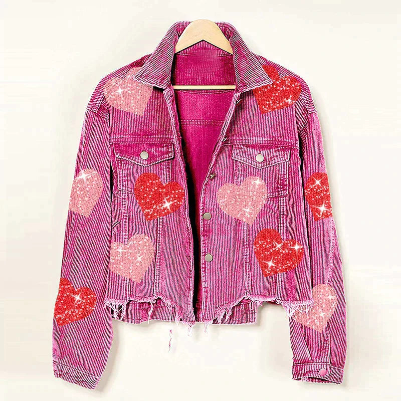Heart-Embellished Corduroy Jacket with Sequin Detail