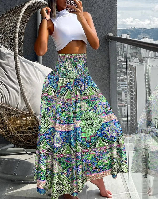Chic High-Waisted A-Line Skirt with Elastic Waist and Flowing Design