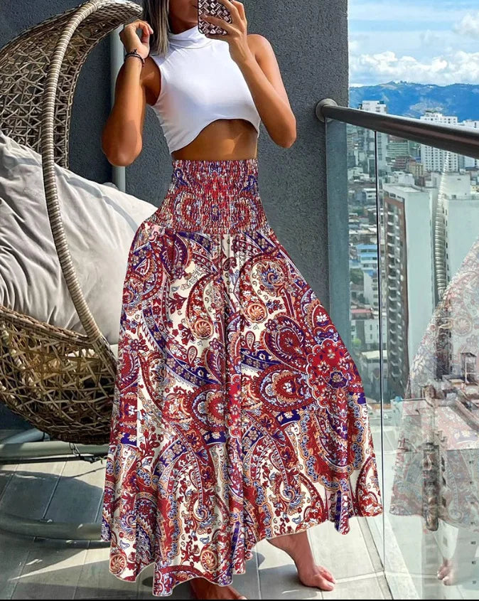 Chic High-Waisted A-Line Skirt with Elastic Waist and Flowing Design