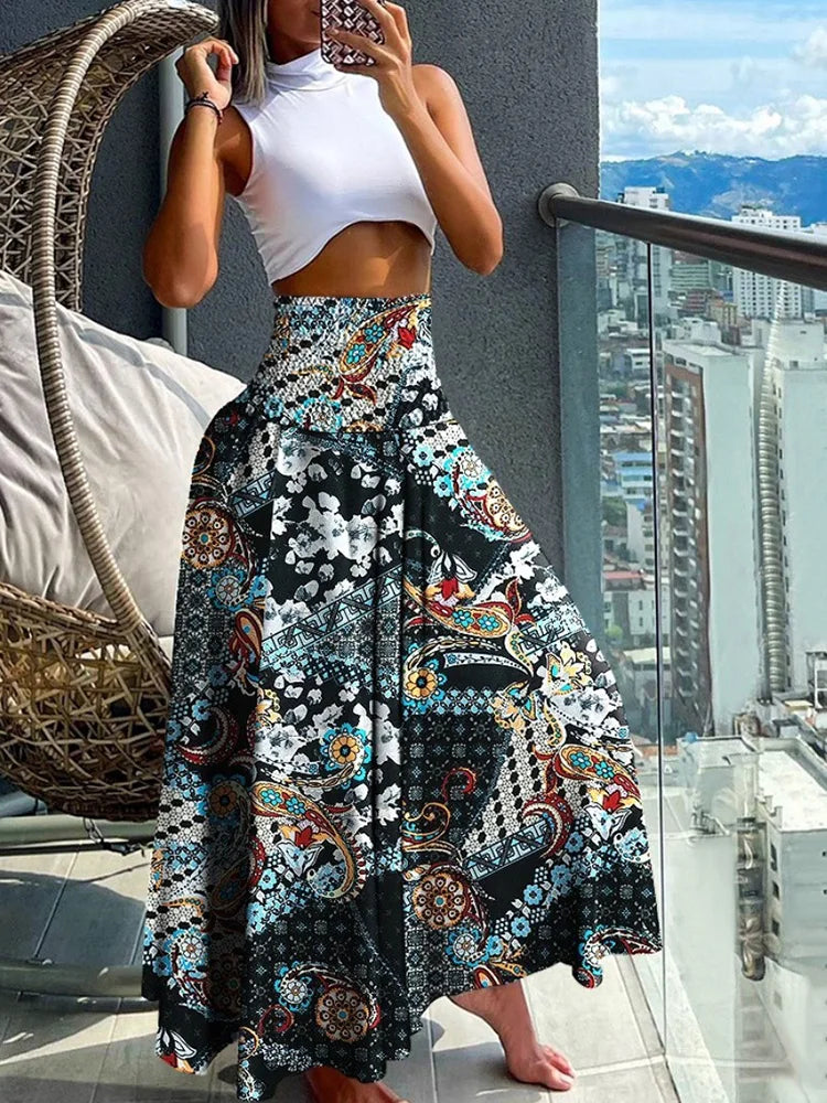 Chic High-Waisted A-Line Skirt with Elastic Waist and Flowing Design