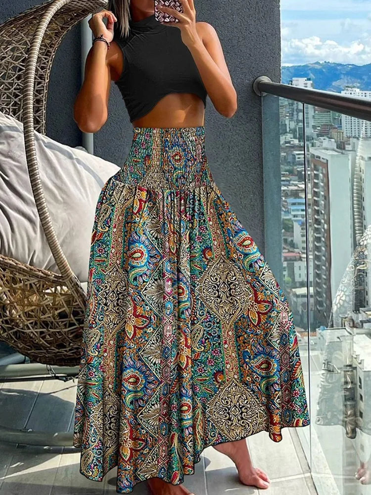 Chic High-Waisted A-Line Skirt with Elastic Waist and Flowing Design