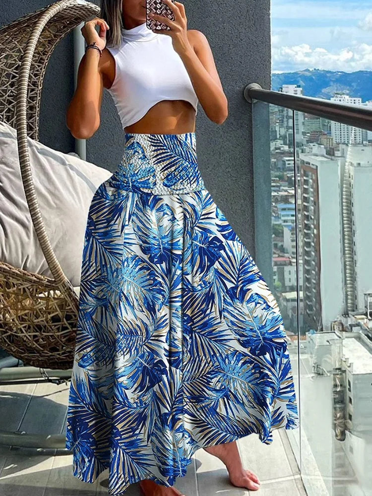 Chic High-Waisted A-Line Skirt with Elastic Waist and Flowing Design