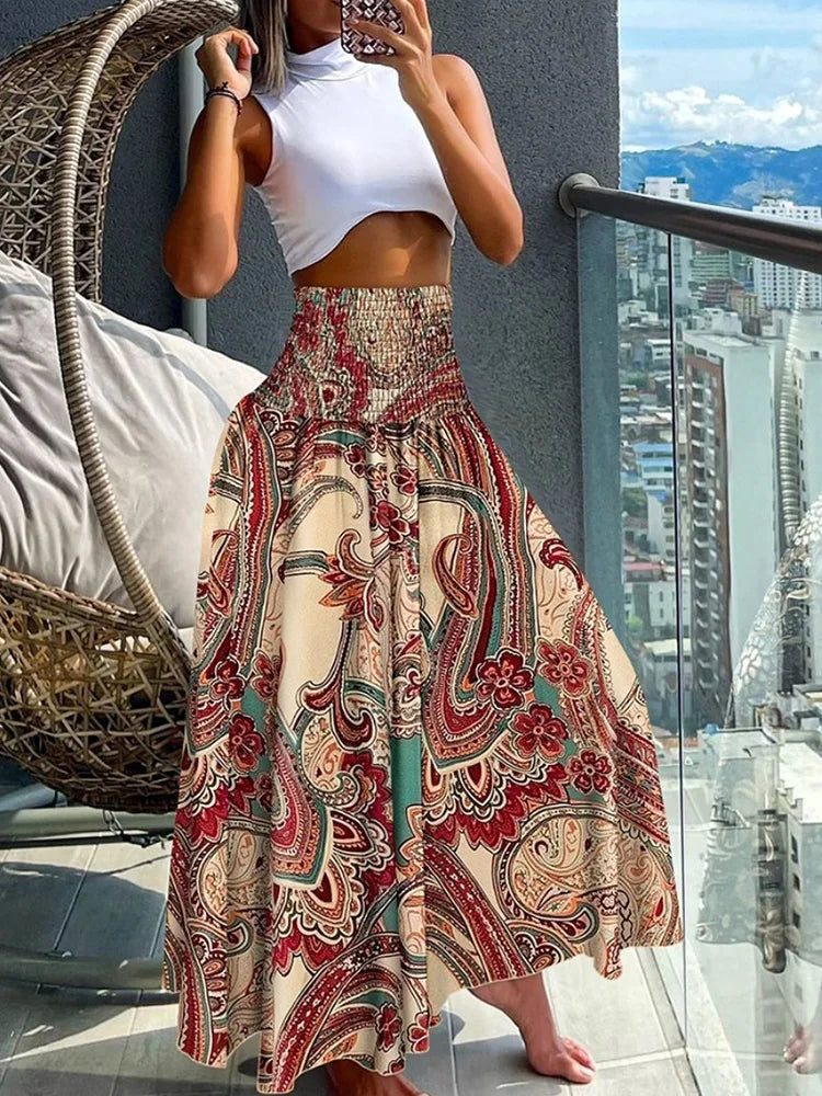 Chic High-Waisted A-Line Skirt with Elastic Waist and Flowing Design