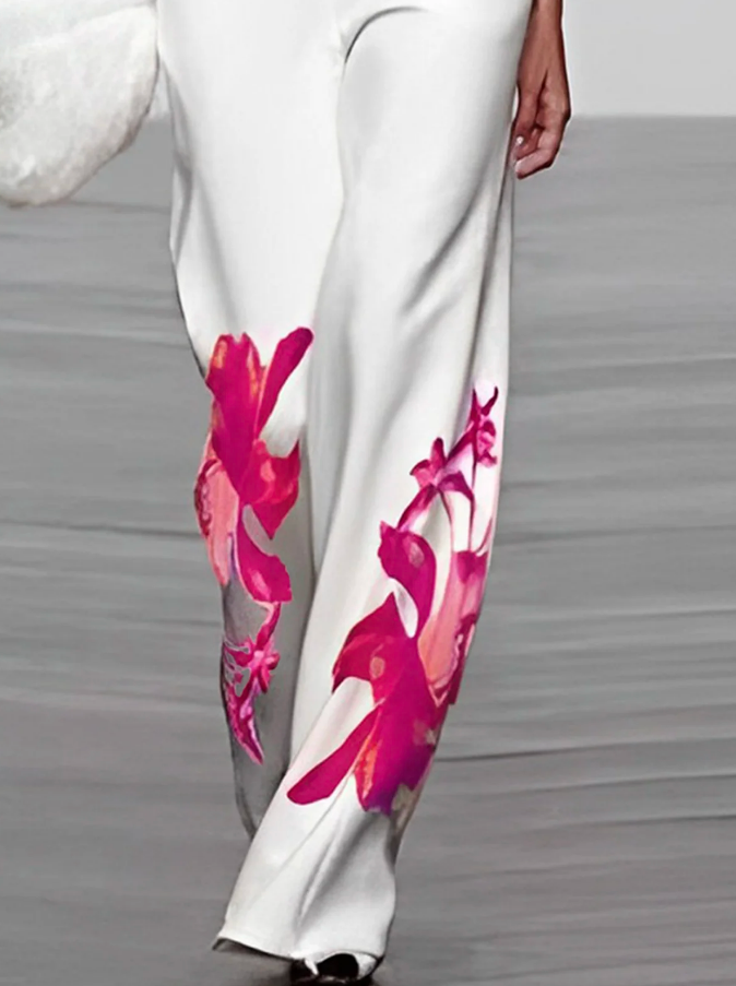 Floral Print Turtleneck and Wide-Leg Pants Ensemble