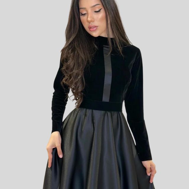 Chic Velvet Turtleneck Dress with Flared Hemline