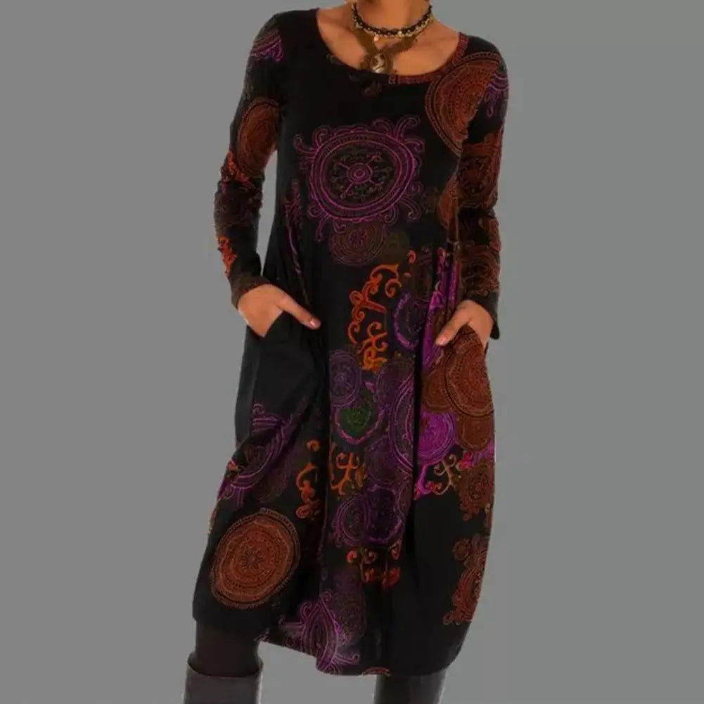 Women's Bohemian-Inspired Round Neck Dress