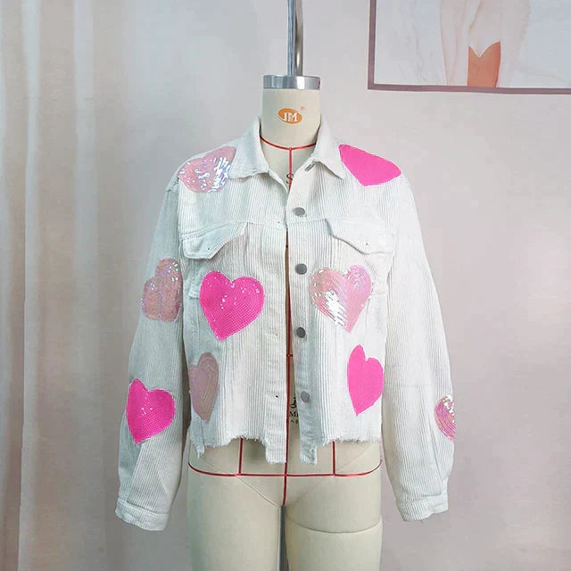 Heart-Embellished Corduroy Jacket with Sequin Detail