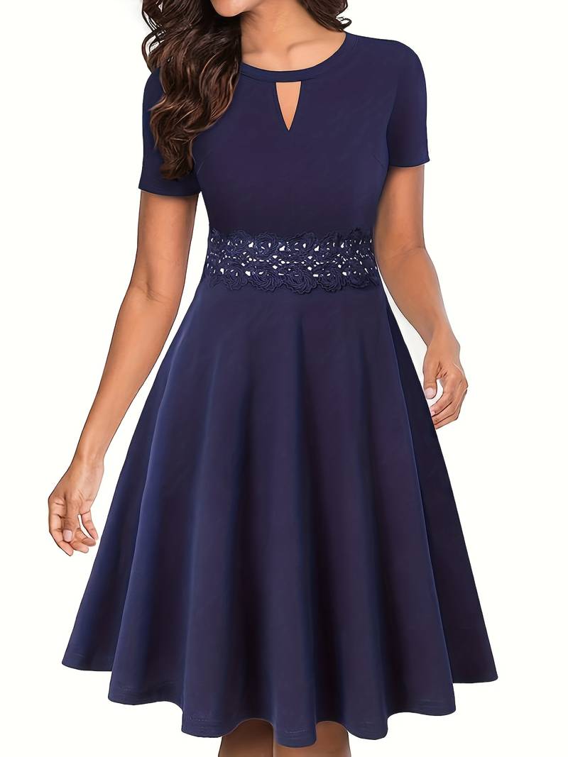 Lace-Trimmed Blue Dress with Fitted Waist