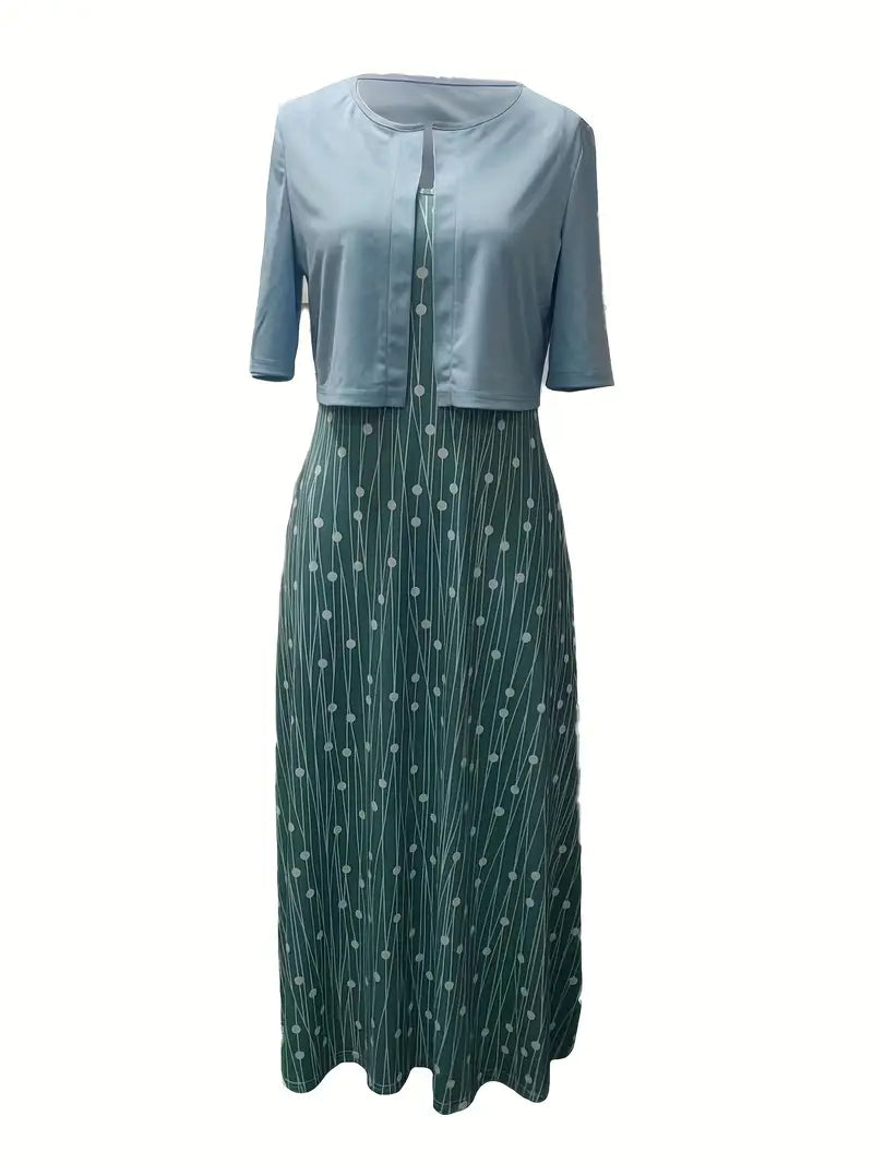 Chic Floral Two-Piece Dress Set with Solid Crop Top and Round Neck