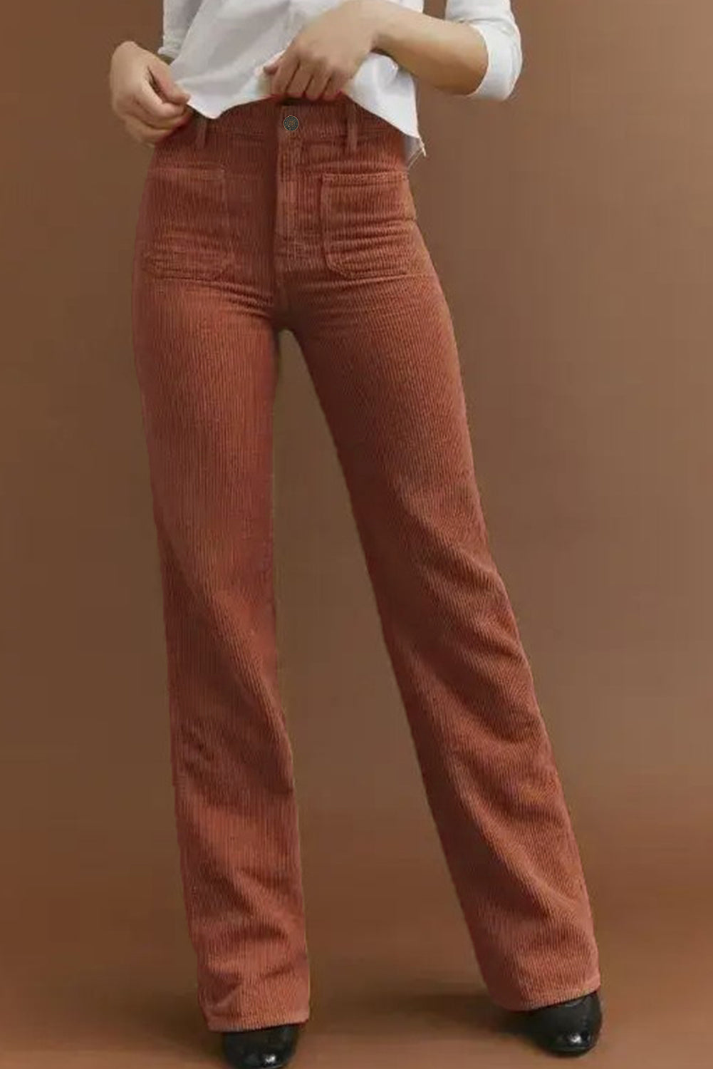 High-Waisted Corduroy Trousers with Stylish Square Pockets