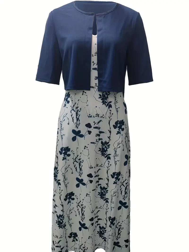 Chic Floral Two-Piece Dress Set with Solid Crop Top and Round Neck