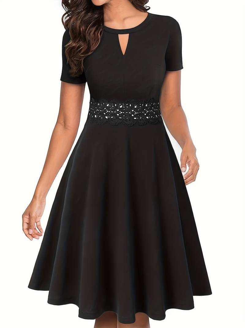 Lace-Trimmed Blue Dress with Fitted Waist